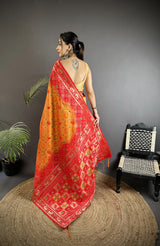 Dista Elora Yellow & Red Soft Silk Geometric Zari Woven Patola Saree, view 3