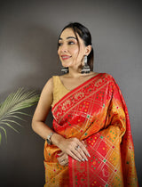 Dista Elora Yellow & Red Soft Silk Geometric Zari Woven Patola Saree, view 4