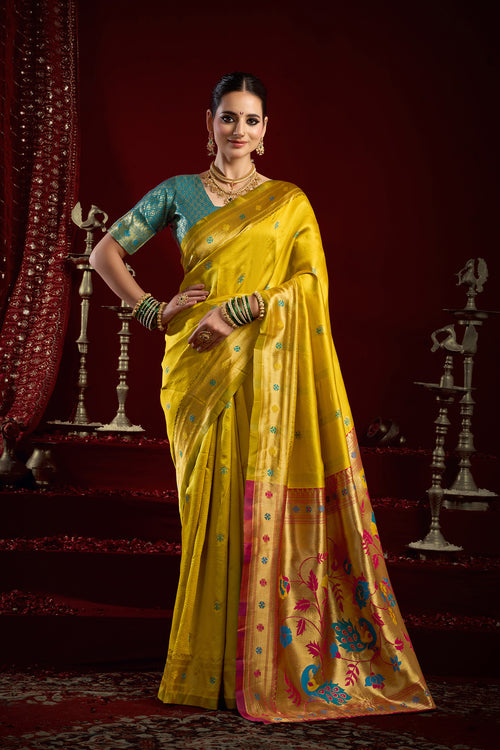 Dista Elora Yellow Silk Blend Butti Weaving Paithani Saree