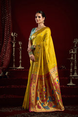 Dista Elora Yellow Silk Blend Butti Weaving Paithani Saree, view 2