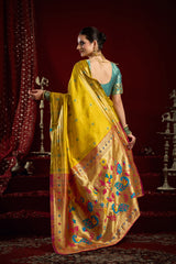 Dista Elora Yellow Silk Blend Butti Weaving Paithani Saree, view 3