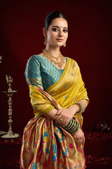 Dista Elora Yellow Silk Blend Butti Weaving Paithani Saree, view 4