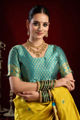 Dista Elora Yellow Silk Blend Butti Weaving Paithani Saree, view 6