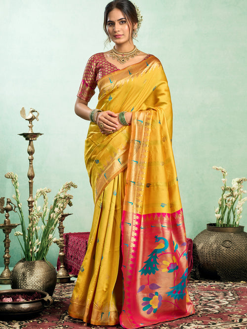 Dista Elora Yellow Silk Blend Peacock Motifs Weaving Paithani Saree