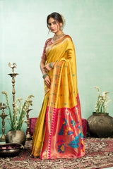 Dista Elora Yellow Silk Blend Peacock Motifs Weaving Paithani Saree, view 2