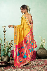 Dista Elora Yellow Silk Blend Peacock Motifs Weaving Paithani Saree, view 3