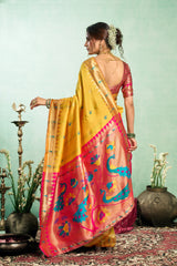 Dista Elora Yellow Silk Blend Peacock Motifs Weaving Paithani Saree, view 4