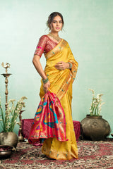 Dista Elora Yellow Silk Blend Peacock Motifs Weaving Paithani Saree, view 5