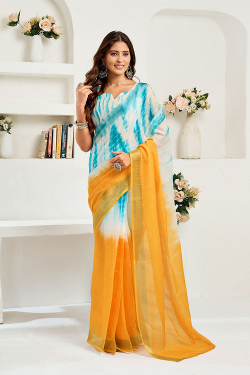 Dista Elora Yellow & Sky Blue Linen Abstract Printed Ready To Wear Saree