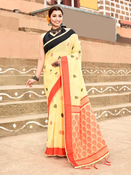 Dista Elora Yellow Soft Cotton Butti Weaving Handloom Casual Saree
