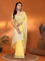 Dista Elora Yellow Soft Linen Solid Foil Printed Designer Casual Saree, view 3