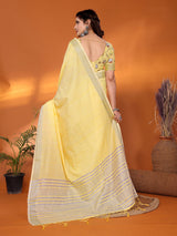 Dista Elora Yellow Soft Linen Solid Foil Printed Designer Casual Saree, view 4