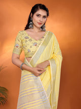 Dista Elora Yellow Soft Linen Solid Foil Printed Designer Casual Saree, view 5