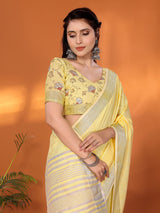 Dista Elora Yellow Soft Linen Solid Foil Printed Designer Casual Saree, view 6