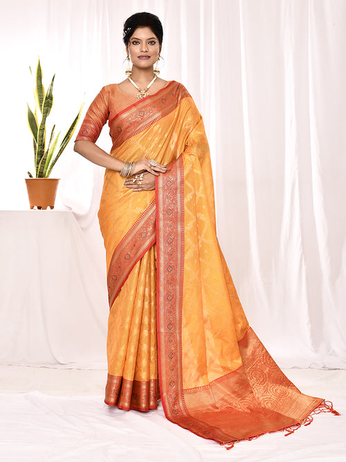 Dista Elora Yellow Soft Silk Banarasi Woven Chex Weaving Saree