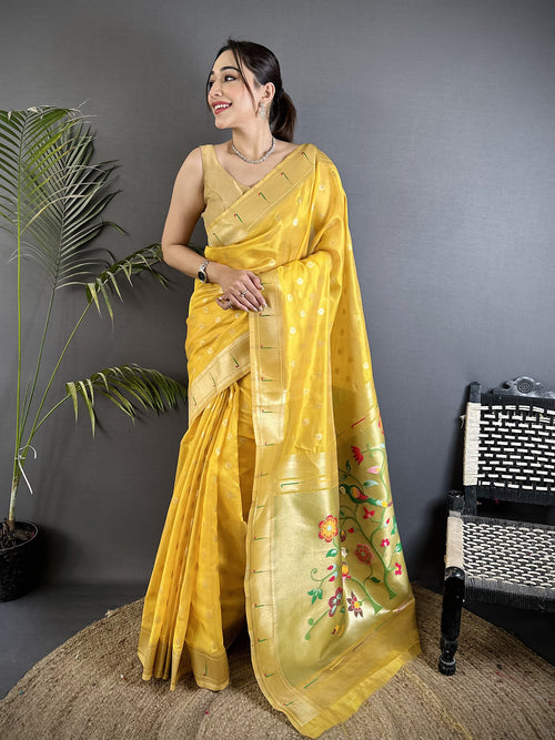 Dista Elora Yellow Tissue Parrot & Floral Woven Design Paithani Saree