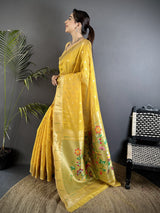 Dista Elora Yellow Tissue Parrot & Floral Woven Design Paithani Saree, view 2