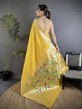 Dista Elora Yellow Tissue Parrot & Floral Woven Design Paithani Saree, view 3