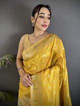 Dista Elora Yellow Tissue Parrot & Floral Woven Design Paithani Saree, view 4