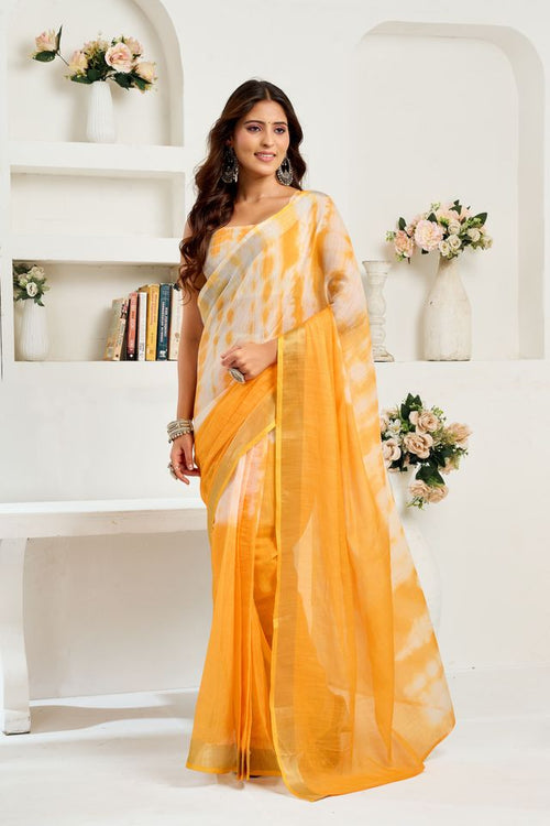 Dista Elora Yellow & White Linen Leheriya  Printed Ready To Wear Saree