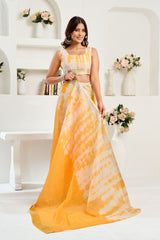 Dista Elora Yellow & White Linen Leheriya  Printed Ready To Wear Saree, view 2
