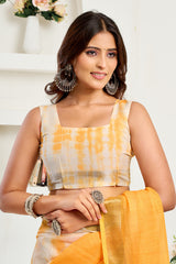 Dista Elora Yellow & White Linen Leheriya  Printed Ready To Wear Saree, view 4