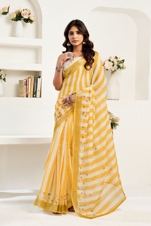 Dista Elora Yellow & White Linen Striped Printed Ready To Wear Saree