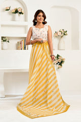 Dista Elora Yellow & White Linen Striped Printed Ready To Wear Saree, view 5