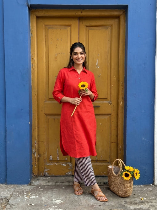 Dista Gharana India Aira Cherry Red Cotton Poplin Kurta Set with Striped Pants