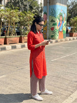 Dista Gharana India Aira Cherry Red Cotton Poplin Kurta Set with Striped Pants, view 3