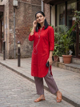 Dista Gharana India Aira Cherry Red Cotton Poplin Kurta Set with Striped Pants, view 4