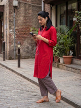 Dista Gharana India Aira Cherry Red Cotton Poplin Kurta Set with Striped Pants, view 5