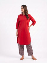 Dista Gharana India Aira Cherry Red Cotton Poplin Kurta Set with Striped Pants, view 6