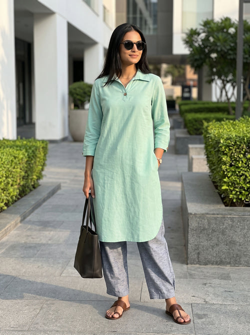 Dista Gharana India Aira Mint Green Cotton Poplin Kurta Set with Textured Grey Trousers