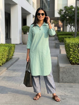 Dista Gharana India Aira Mint Green Cotton Poplin Kurta Set with Textured Grey Trousers, view 2