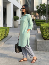 Dista Gharana India Aira Mint Green Cotton Poplin Kurta Set with Textured Grey Trousers, view 3