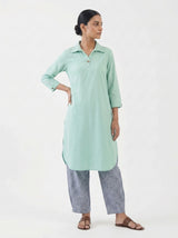 Dista Gharana India Aira Mint Green Cotton Poplin Kurta Set with Textured Grey Trousers, view 4