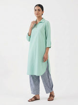 Dista Gharana India Aira Mint Green Cotton Poplin Kurta Set with Textured Grey Trousers, view 5