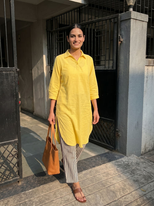 Dista Gharana India Aira Sunshine Yellow Cotton Poplin Kurta Set with Striped Pants