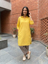 Dista Gharana India Aira Sunshine Yellow Cotton Poplin Kurta Set with Striped Pants, view 2