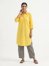 Dista Gharana India Aira Sunshine Yellow Cotton Poplin Kurta Set with Striped Pants, view 4