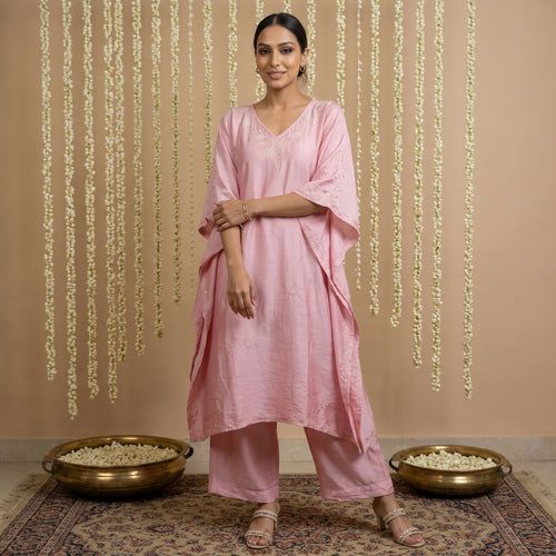 Dista Gharana India Premium Chanderi Silk Baby Pink Chikankari Kaftan Set