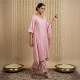 Dista Gharana India Premium Chanderi Silk Baby Pink Chikankari Kaftan Set, view 2