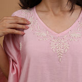 Dista Gharana India Premium Chanderi Silk Baby Pink Chikankari Kaftan Set, view 3