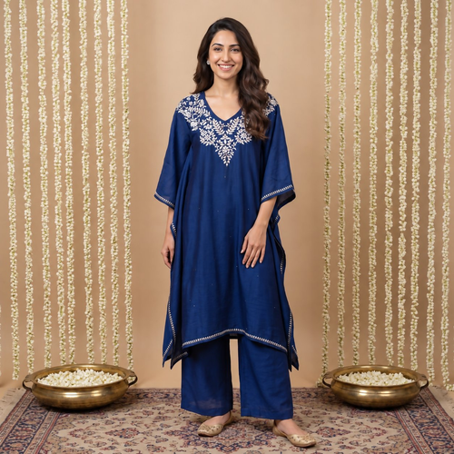 Dista Gharana India Premium Chanderi Silk Midnight Blue Chikankari Kaftan Set with Kamdani Work