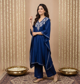 Dista Gharana India Premium Chanderi Silk Midnight Blue Chikankari Kaftan Set with Kamdani Work, view 2