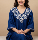 Dista Gharana India Premium Chanderi Silk Midnight Blue Chikankari Kaftan Set with Kamdani Work, view 3