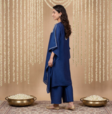 Dista Gharana India Premium Chanderi Silk Midnight Blue Chikankari Kaftan Set with Kamdani Work, view 4