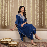 Dista Gharana India Premium Chanderi Silk Midnight Blue Chikankari Kaftan Set with Kamdani Work, view 5
