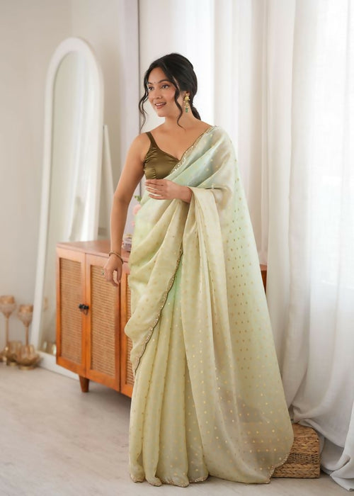 Dista Mahendi Fendy Satin Woven Designer,Beads Work Saree with Blouse-Rutvi